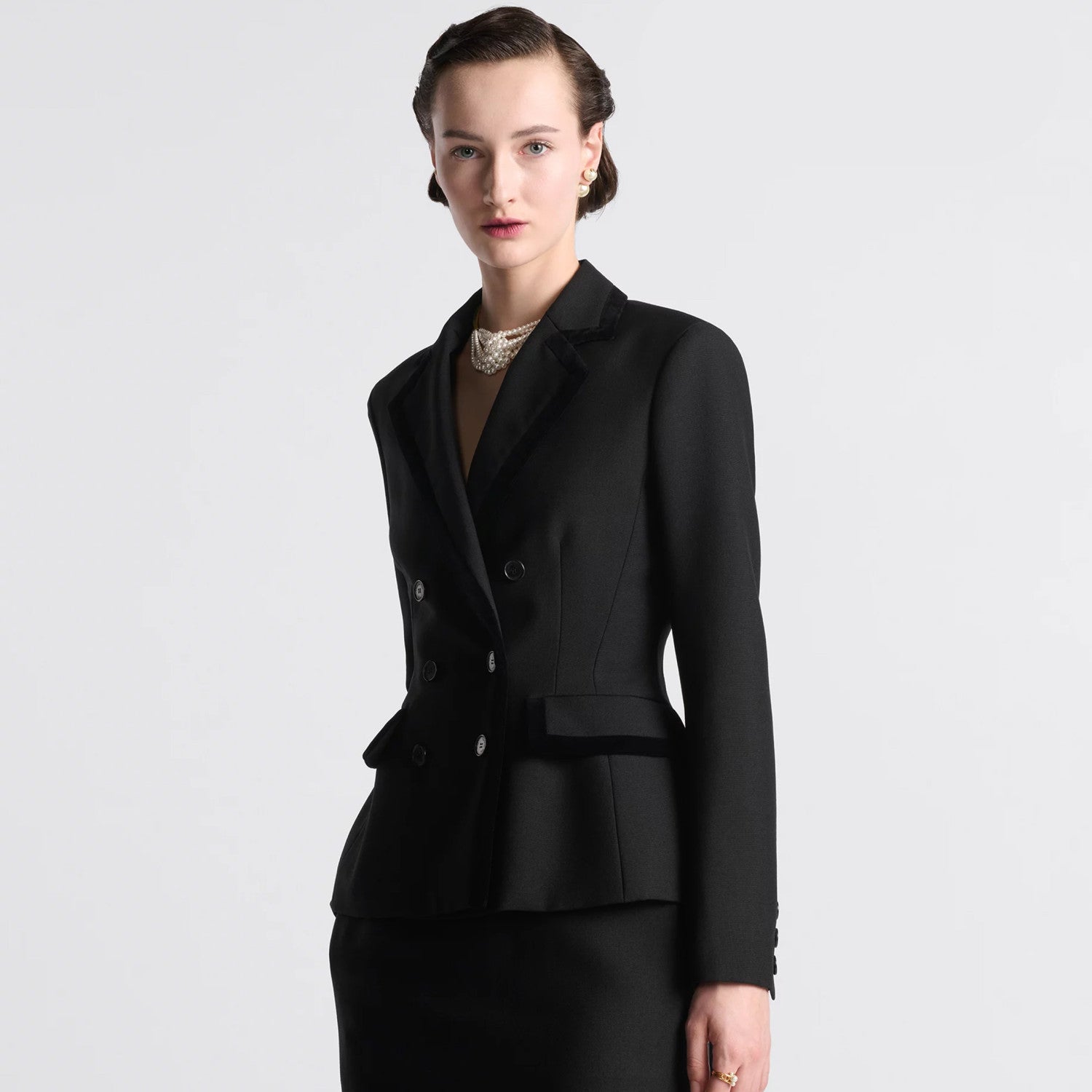 Women's Spring and Autumn Wool Velvet Trim Waisted Suit Lapel Double Breasted Black Jacket Ngvp #8924