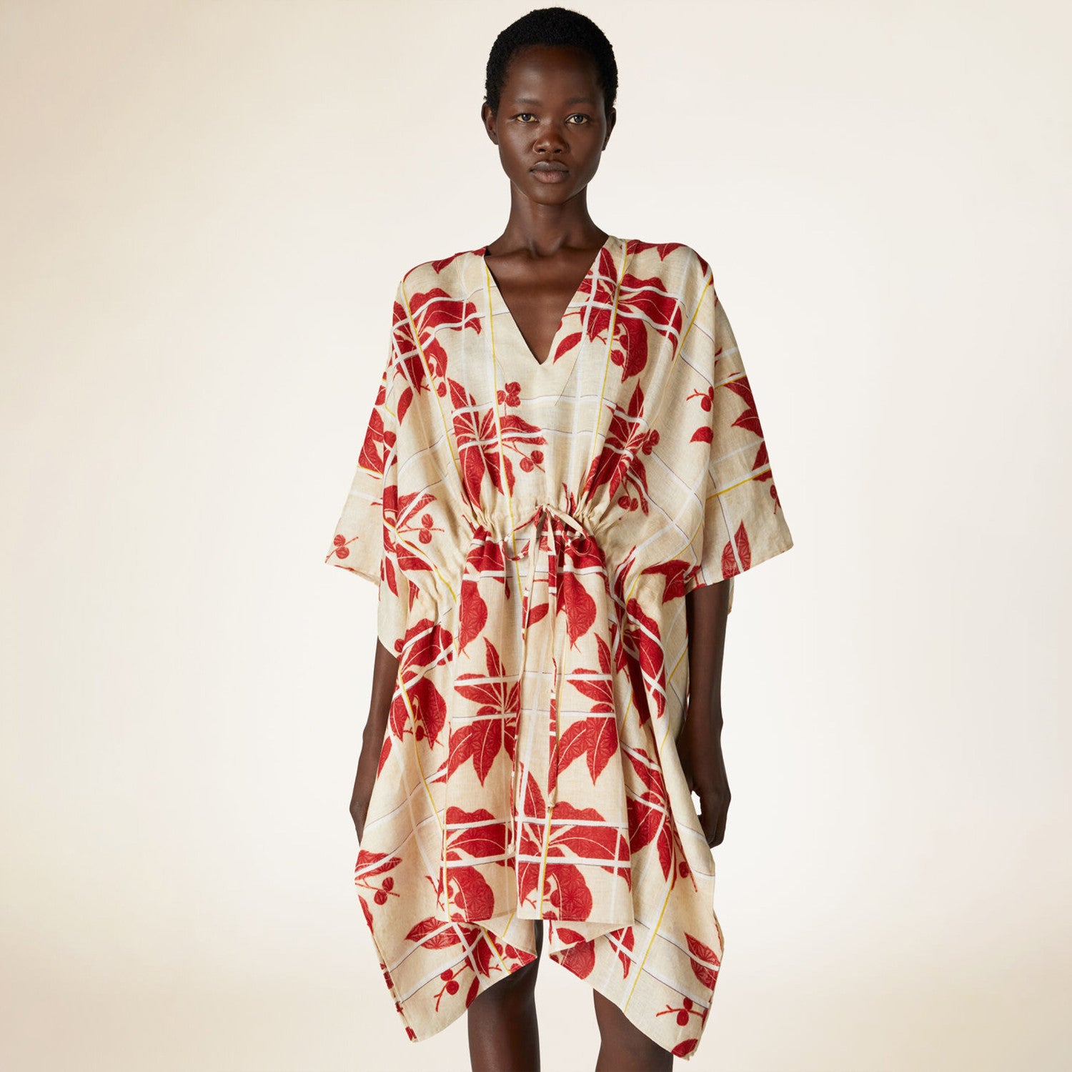 Ichi Women's Printed Linen Dress Elegant Cape Jacket Short Sleeve V-neck Fashion Loose Dresses Ngvp #8771