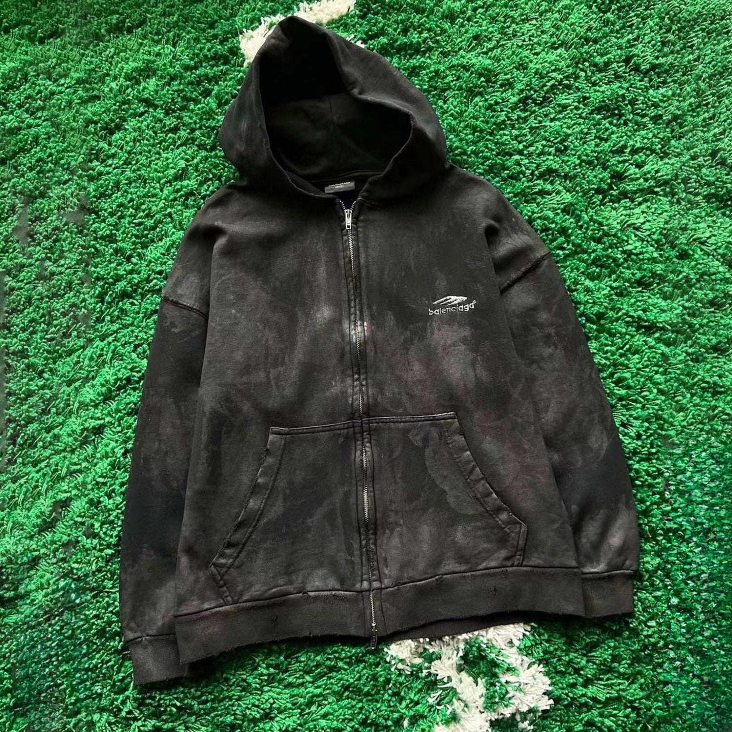 Men's Spring/Summer Fashion High Street Aged Mud Dye Metal Zipper Jacket Embroidered Logo Black Jacket  #98365