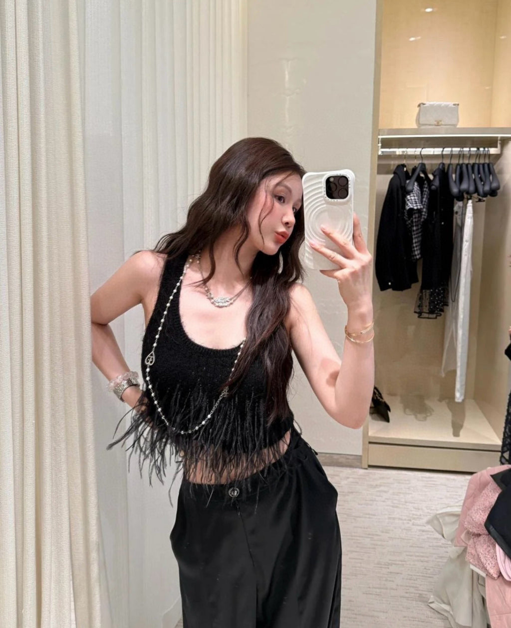 Women's High Street Spring And Summer Solid Color Feather Hot Drill U Neck Cotton Silk Sleeveless Pullover Undershirts Vest Ngvp #1547