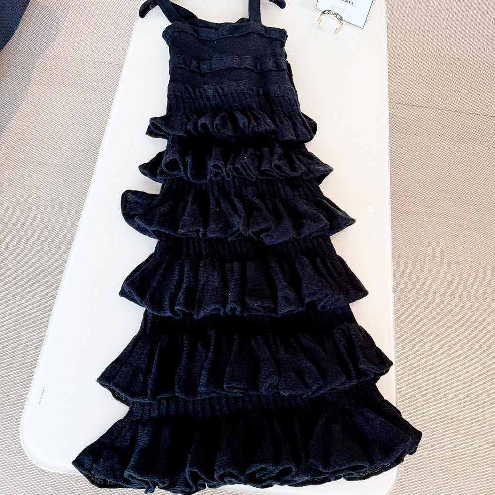 25K Solid Color Pleated Knitted Design Suspender Long Dress Mohair And Silk Light Pink #332234