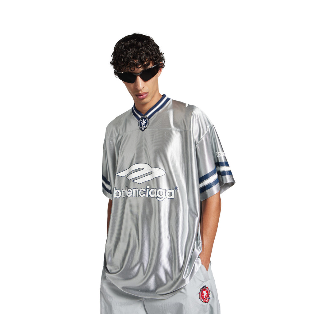 26 Spring 3B FOOTBALL Oversized V-Neck T-Shirt Silver and Bright Blue Fashionable High-Street Trend T-Shirt #82348A