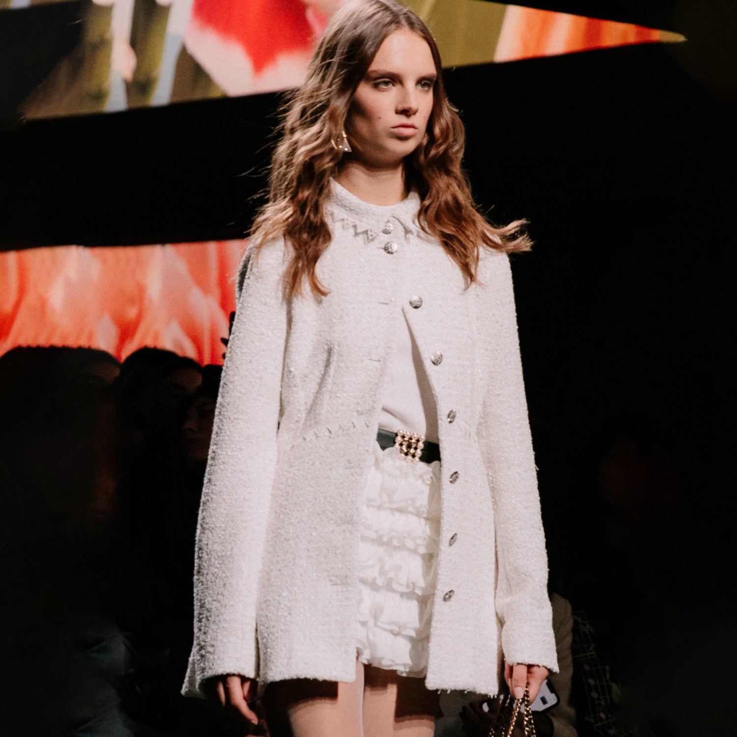 Women's Spring And Autumn White Sequin Lapel Single Breasted Coarse Tweed Waist Jacket Dress Ngvp #8526