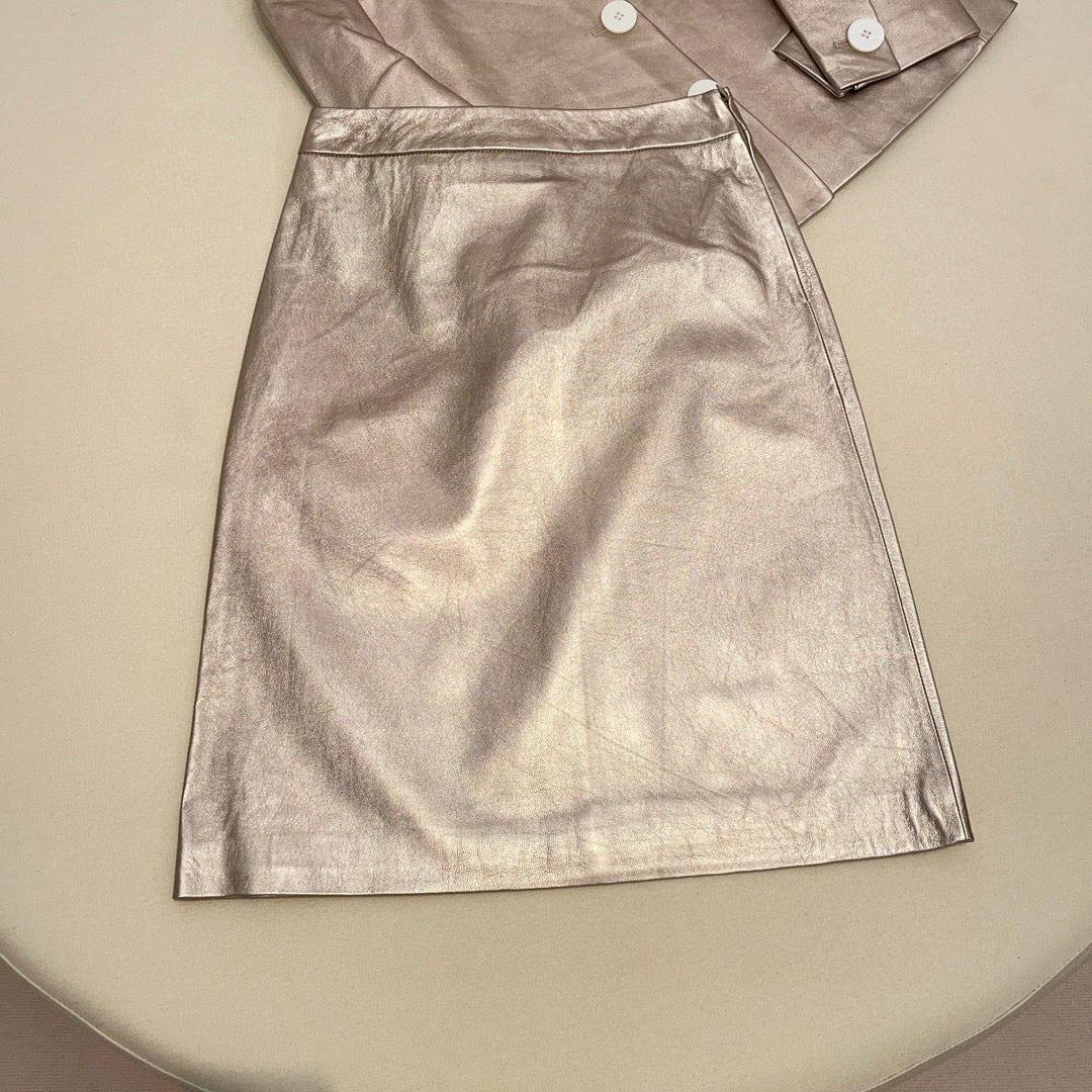 Women's Winter Solid Color Lapel Colorblocking Collar Edge Shiny Short Sheepskin Jacket Casual Half Skirt Ngvp #8149