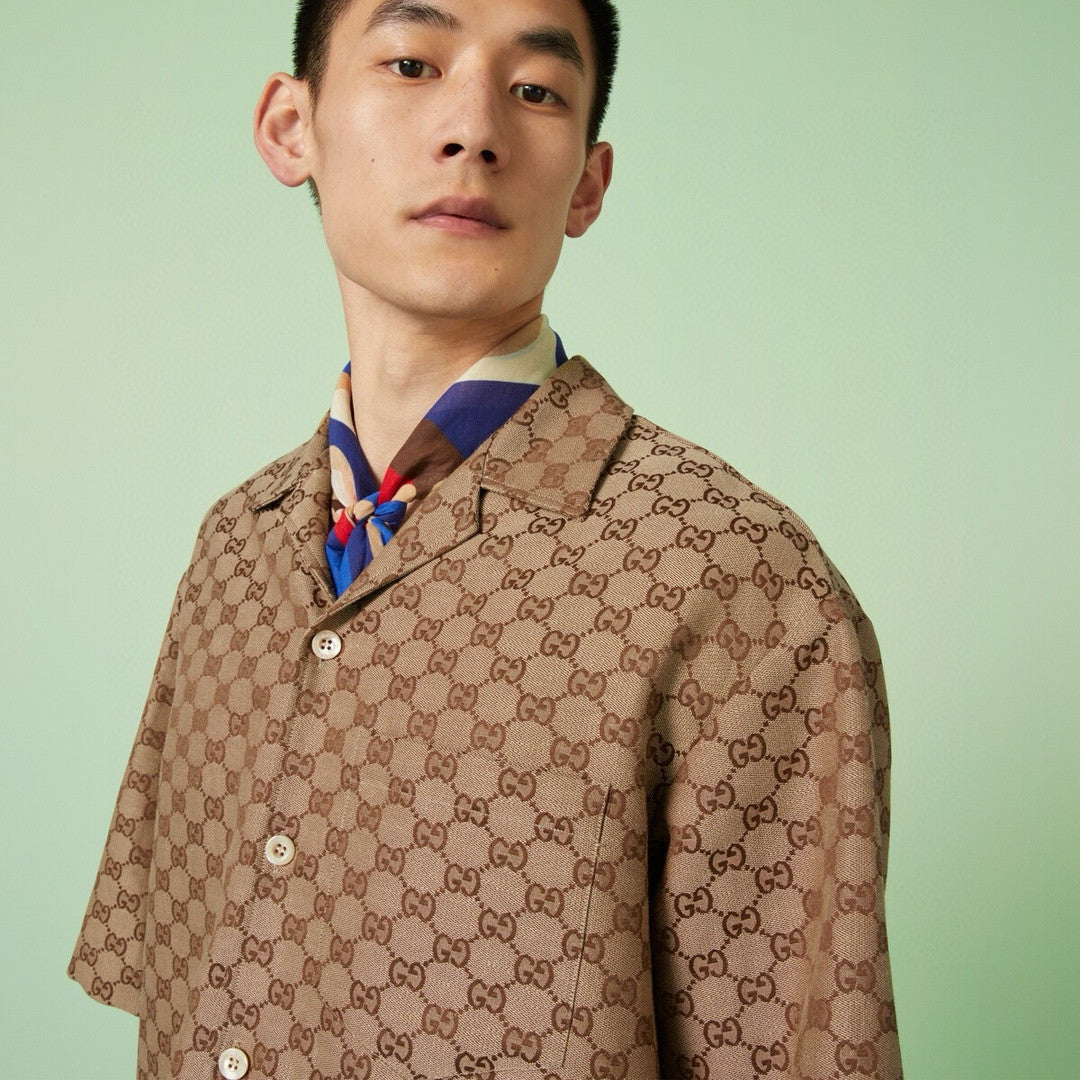 Men's Summer Brown Lapel Single Breasted Logo Printed Short Sleeve Shirt #98679