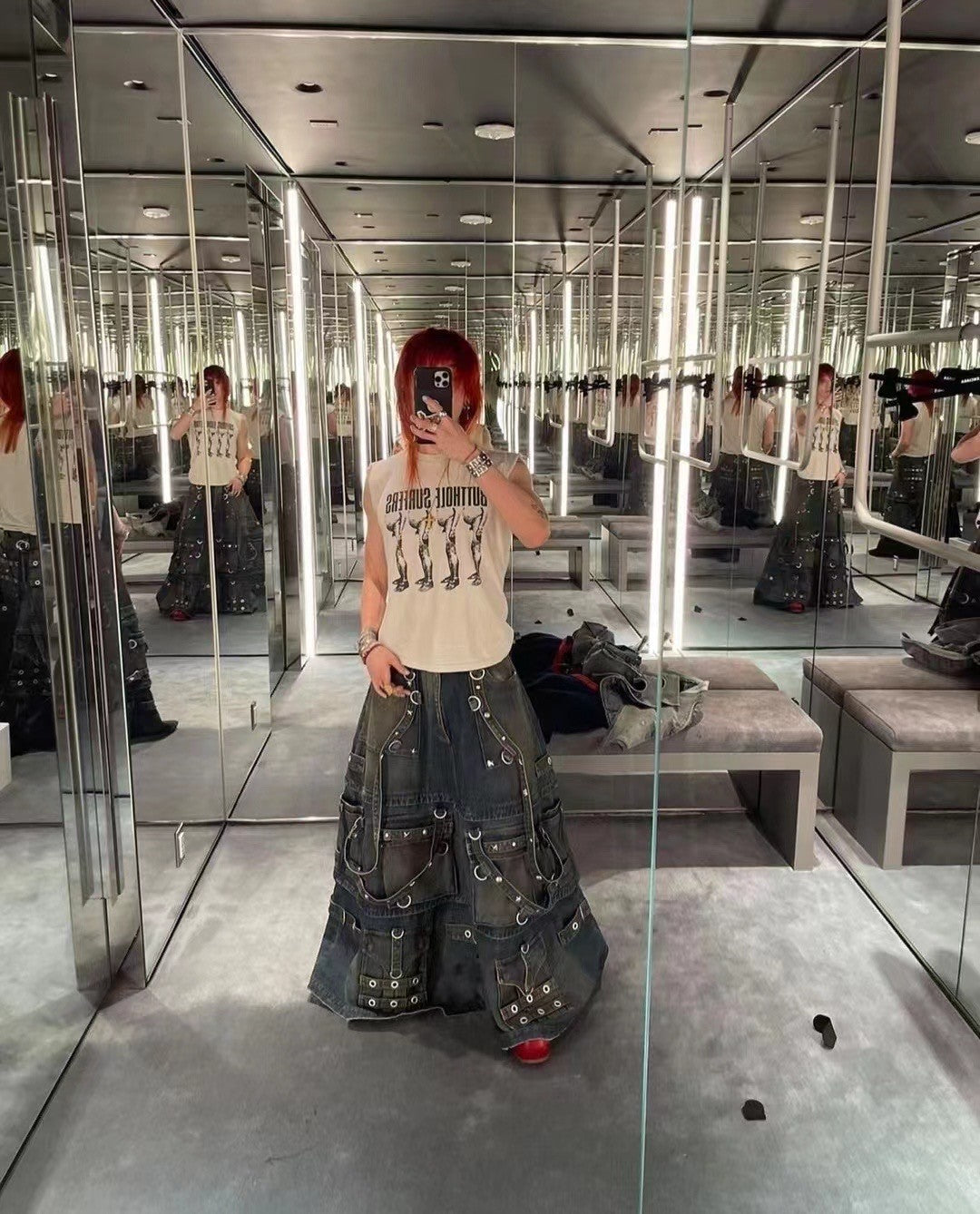 Men's Skirt Vintage Rivets Straps Detachable Denim Skirt High Street Ragged Trend Punk Style Jeans Pants #71841