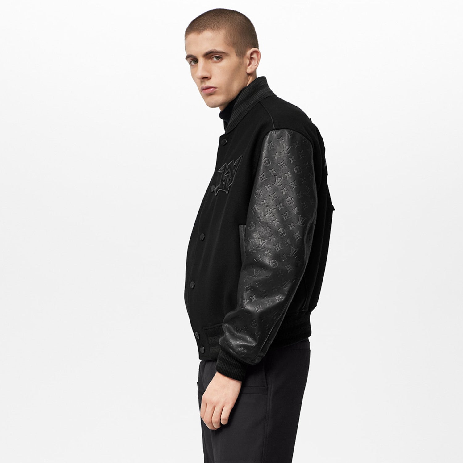 Men's Fall/winter Monogram Embossed Leather Drawstring Jacket Black Abstract Graffiti Logo Jacket Baseball Jersey  #71424