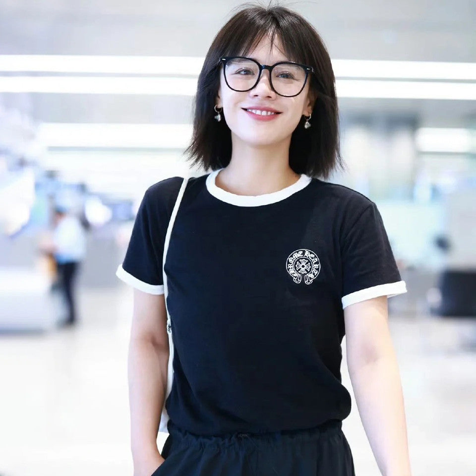 Women's Summer Solid Color Scroll Horseshoe Cross Print Cotton Fitted Straight Short Sleeve T-Shirt #71446