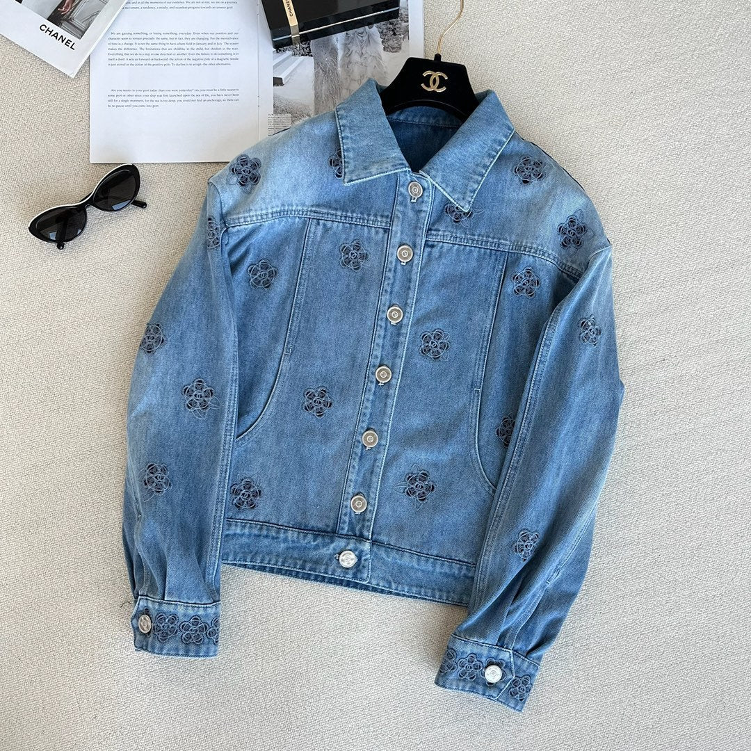 Women's Spring And Fall Blue Hollow Camellia Embroidery Printing Single breasted Long sleeved Denim Jacket Denim Shorts Suit Set #72615