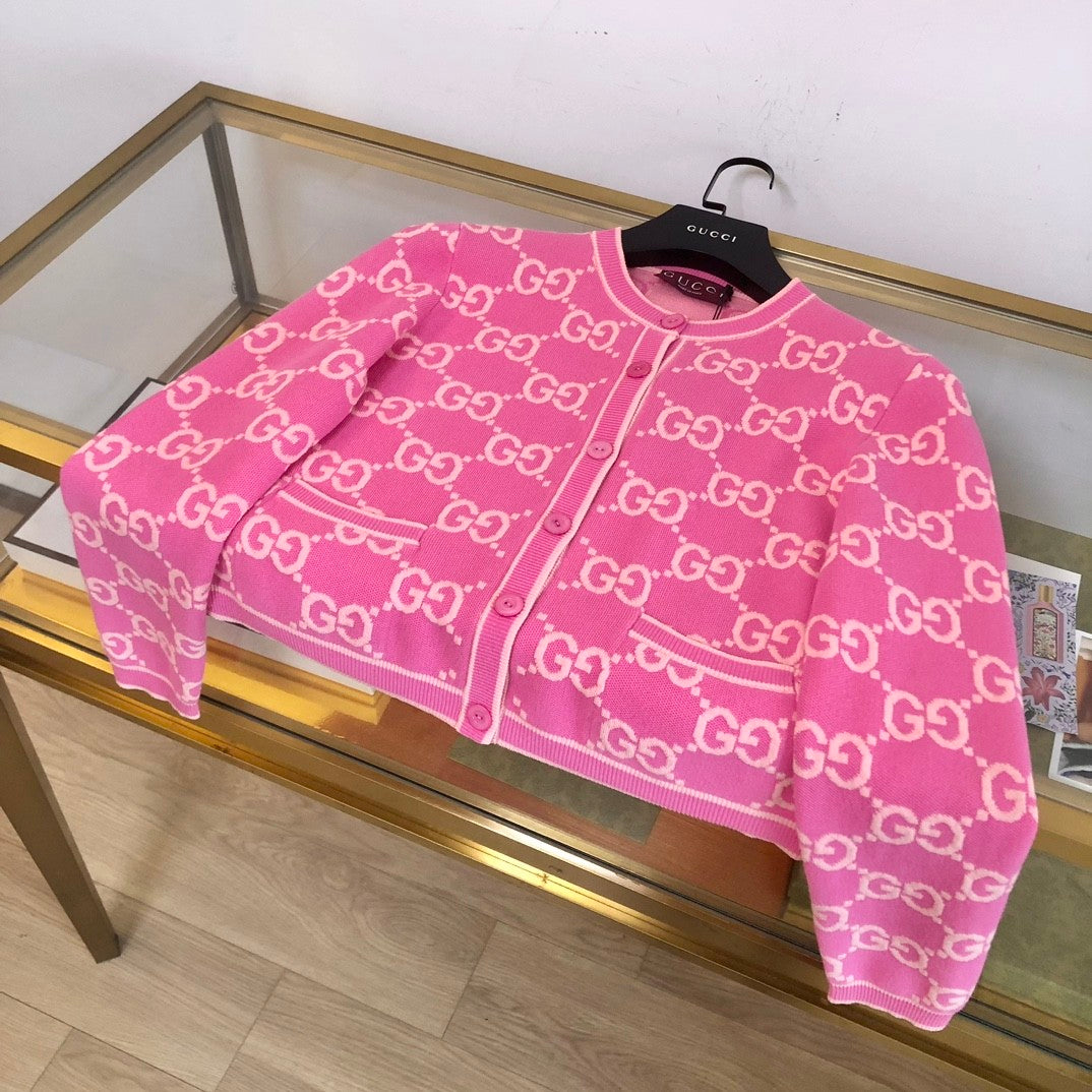 Women's Spring and Autumn Pink Logo Pattern Round Collar Single Breasted Long Sleeve Knit Jacket Cardigan #72334