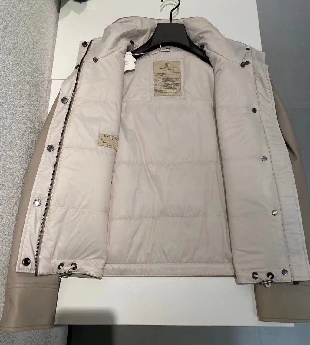 Women's Winter Beige Fur Collar Silhouette Soft Napa Lambskin Long Sleeve Leather Jacket #98471