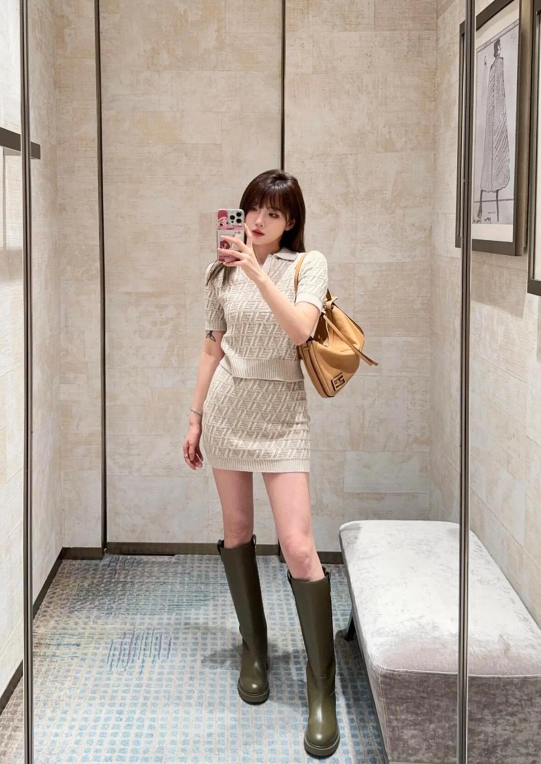 Women's Summer Solid Color Jacquard Ribbed V-Neck Short Sleeve Sweater Top Casual Short Skirt Set Suit #74982