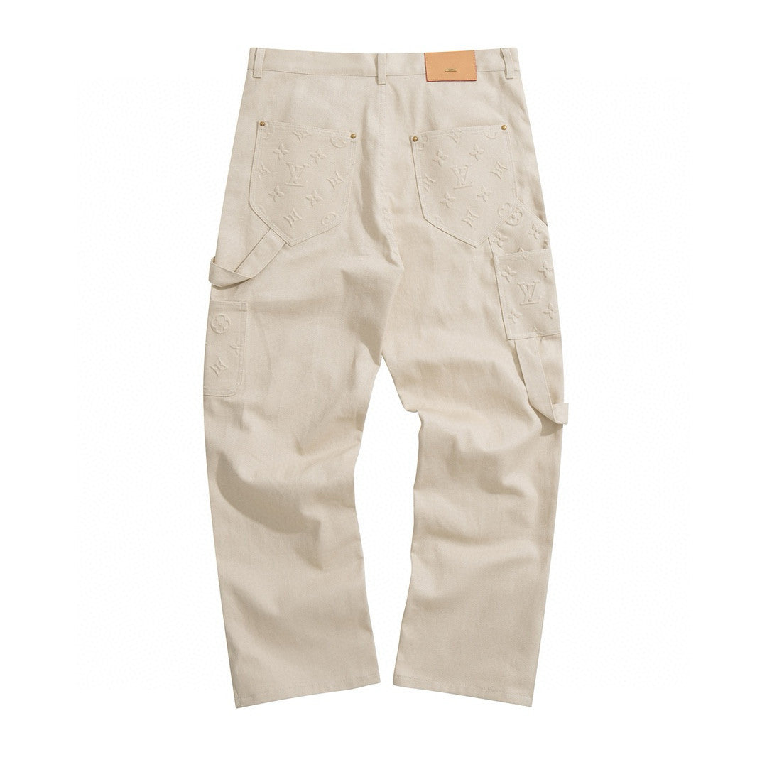 Men's Spring/Summer Monogrammed Khaki Mid-Rise Zipper Slim Straight Jeans Pants #98427