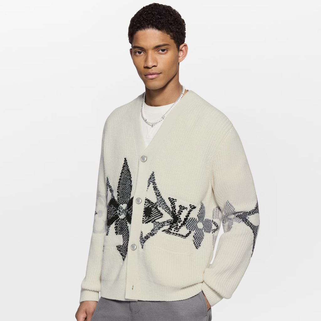 Monogram Floral Knit Cardigan Men's Fall/winter Single-breasted V-neck Black & White Fashion Jacket #82173A