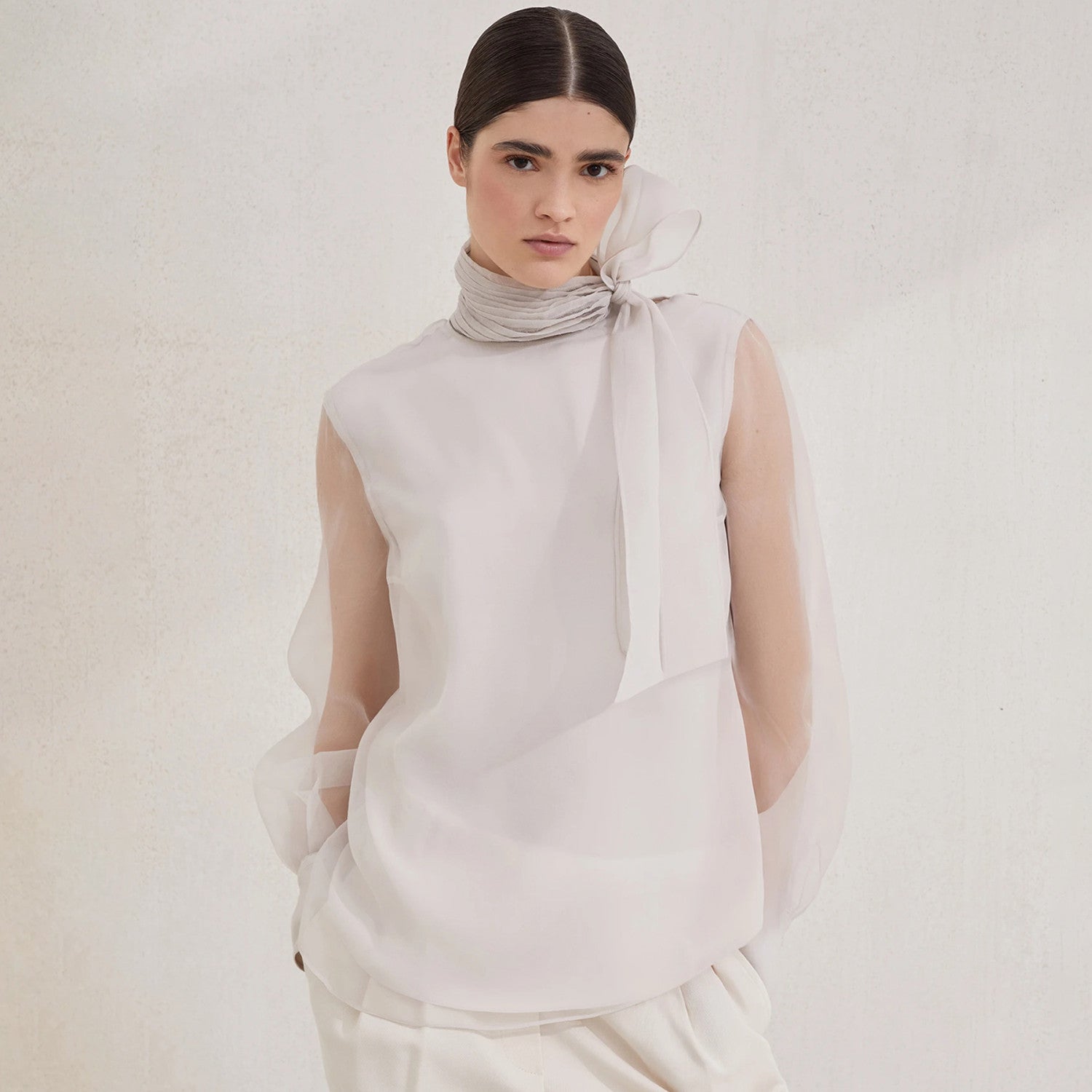 BC Women's Spring/summer Collection Loose-fit Casual Shirt With Bow Tie Structured Silk Blouse Flowing Ties And Beaded Embellishments #194480