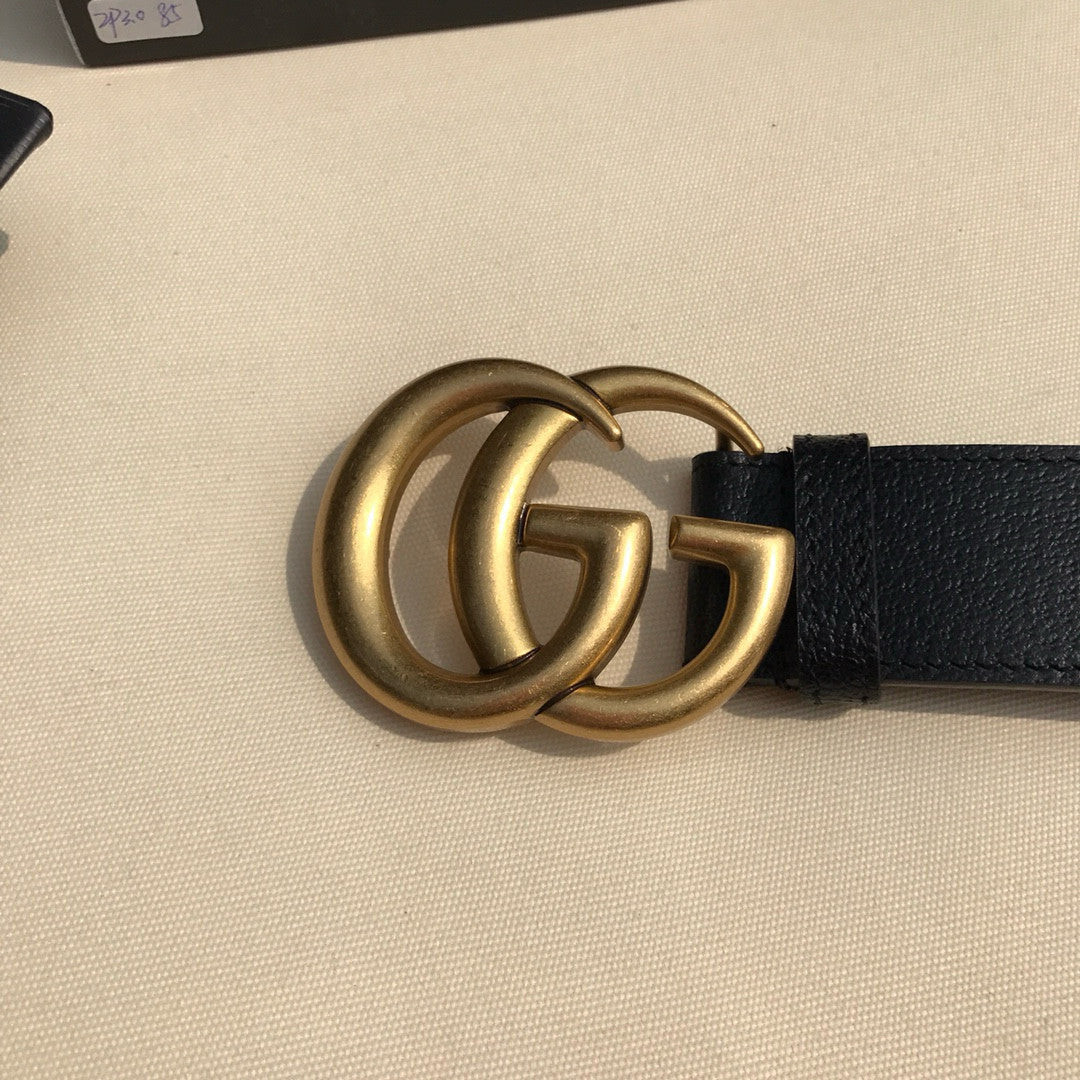 Men's and Women's Gold Double G Buckle Black Leather Belts #98791