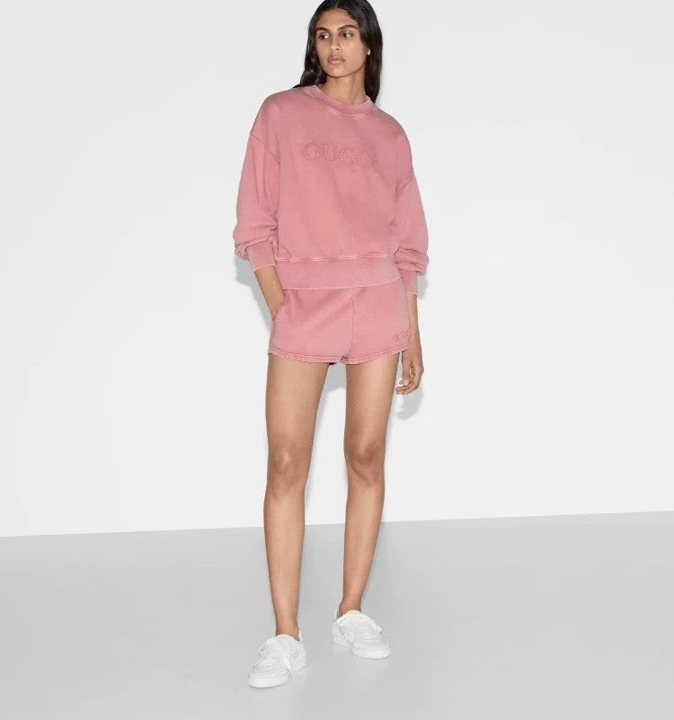 Women's Spring/Summer Solid Color Embroidered Letter Print Round Neck Cotton Long Sleeve Sweatshirt and Casual Stretch Waist Shorts Set Suit #77924