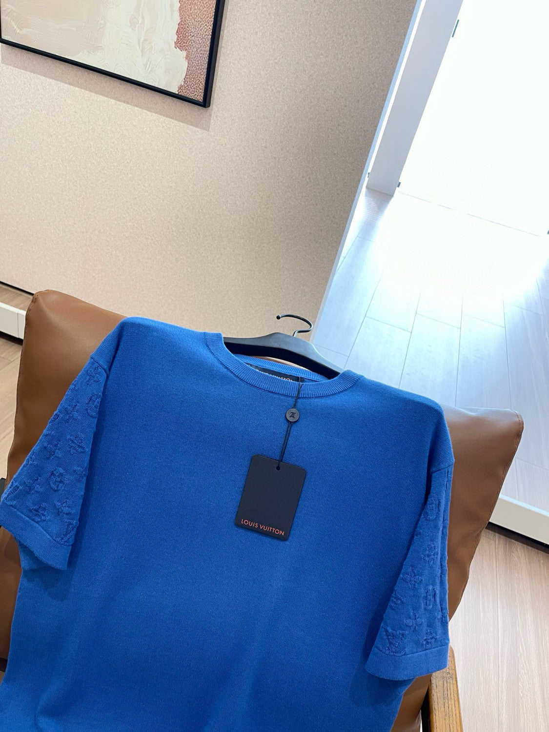 Men's Summer Blue Logo Jacquard Round Neck Cotton Short Sleeve T-Shirt #98663