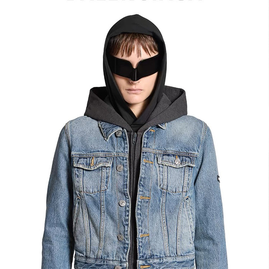 Men's Women's Spring and Autumn Solid Color Lapel Fit Single Breasted Long Sleeve Hooded Sweatshirt Spliced Denim Jacket Coat Ngvp #8749