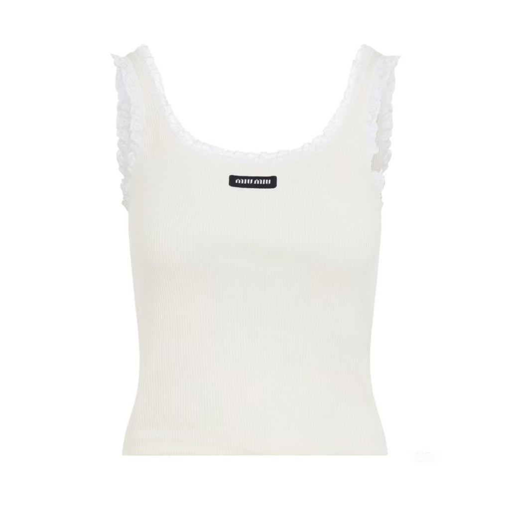 Lace White Knitted Vest Women's Spring And Summer Fashion Elegant Slim Patch Logo Undershirt T-shirt Tops  #81438