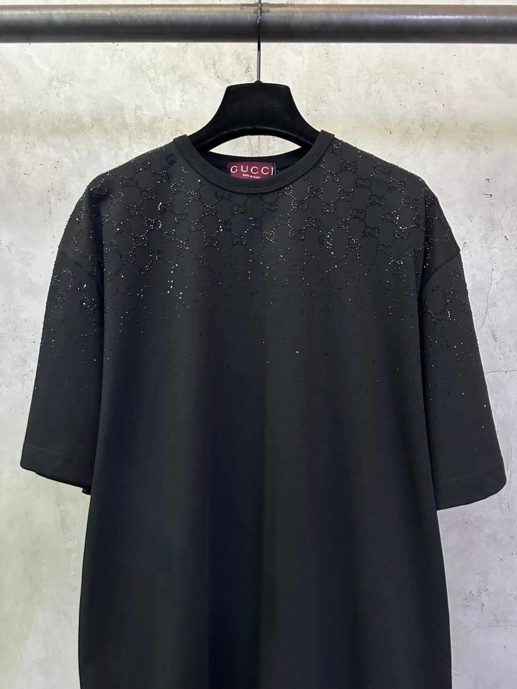 Men's Spring/Summer GG-Embellished Imitation Crystal Knit Cotton T-Shirt Black Gradient Subtle Short-Sleeve Fashionable Trendy T-Shirt #194064