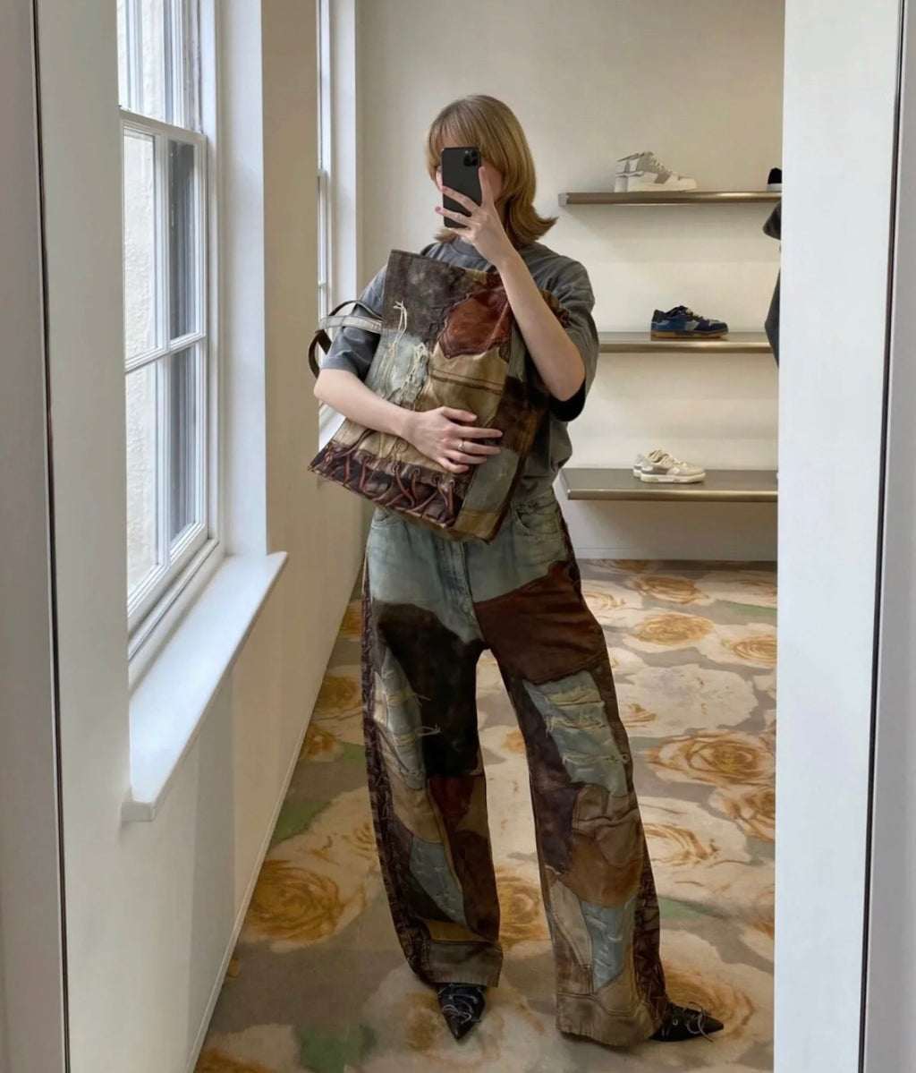 Men's Four Seasons Vintage Mud Dye Spliced Printed Loose Cotton Mid Waist Wide Leg Denim Pants Ngvp #8369