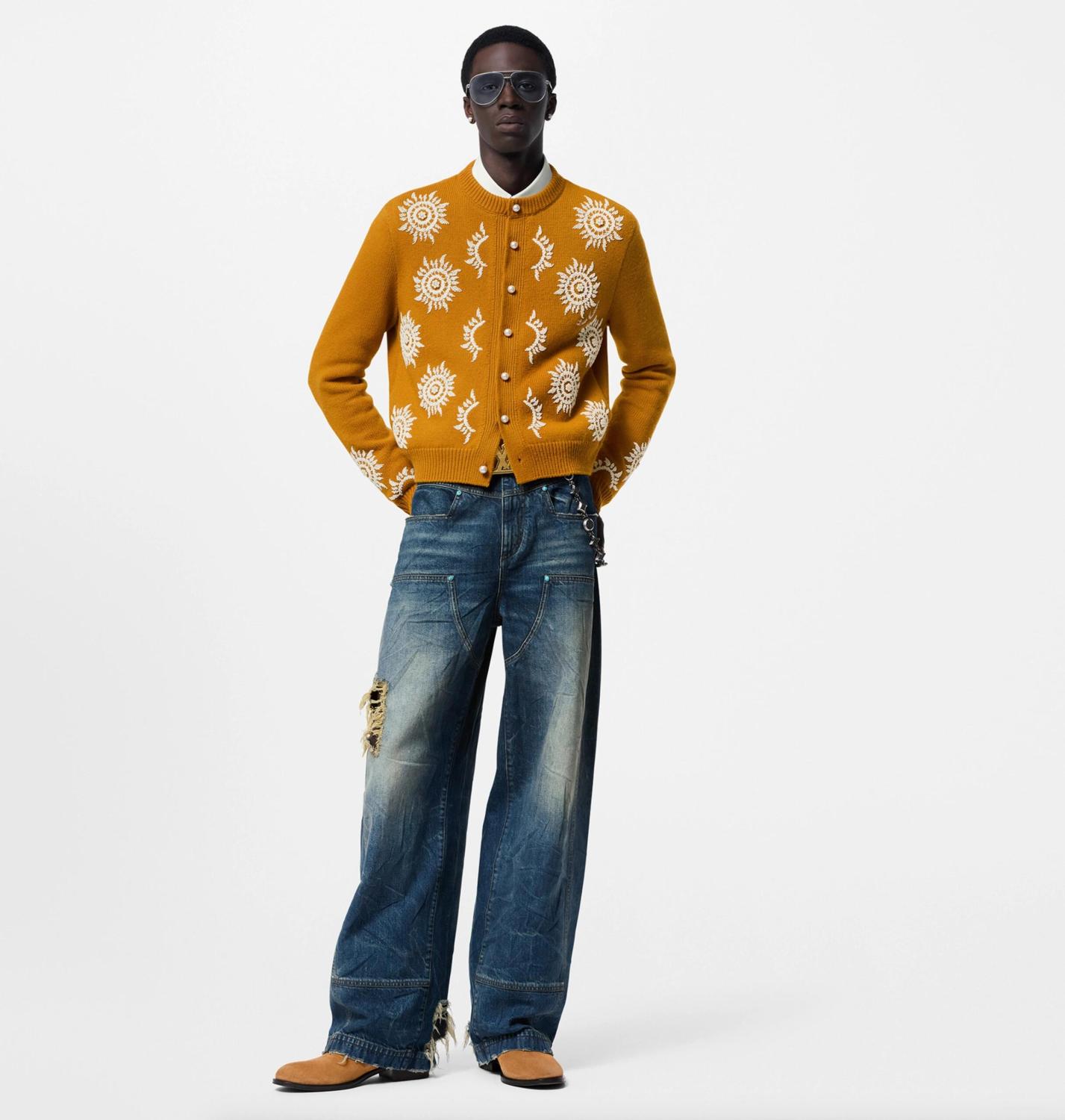 Men's Fall/winter Yellow Embroidered Cardigan Jacket Trendy Short-sleeve Crew Neck Knit Sweater #81811A