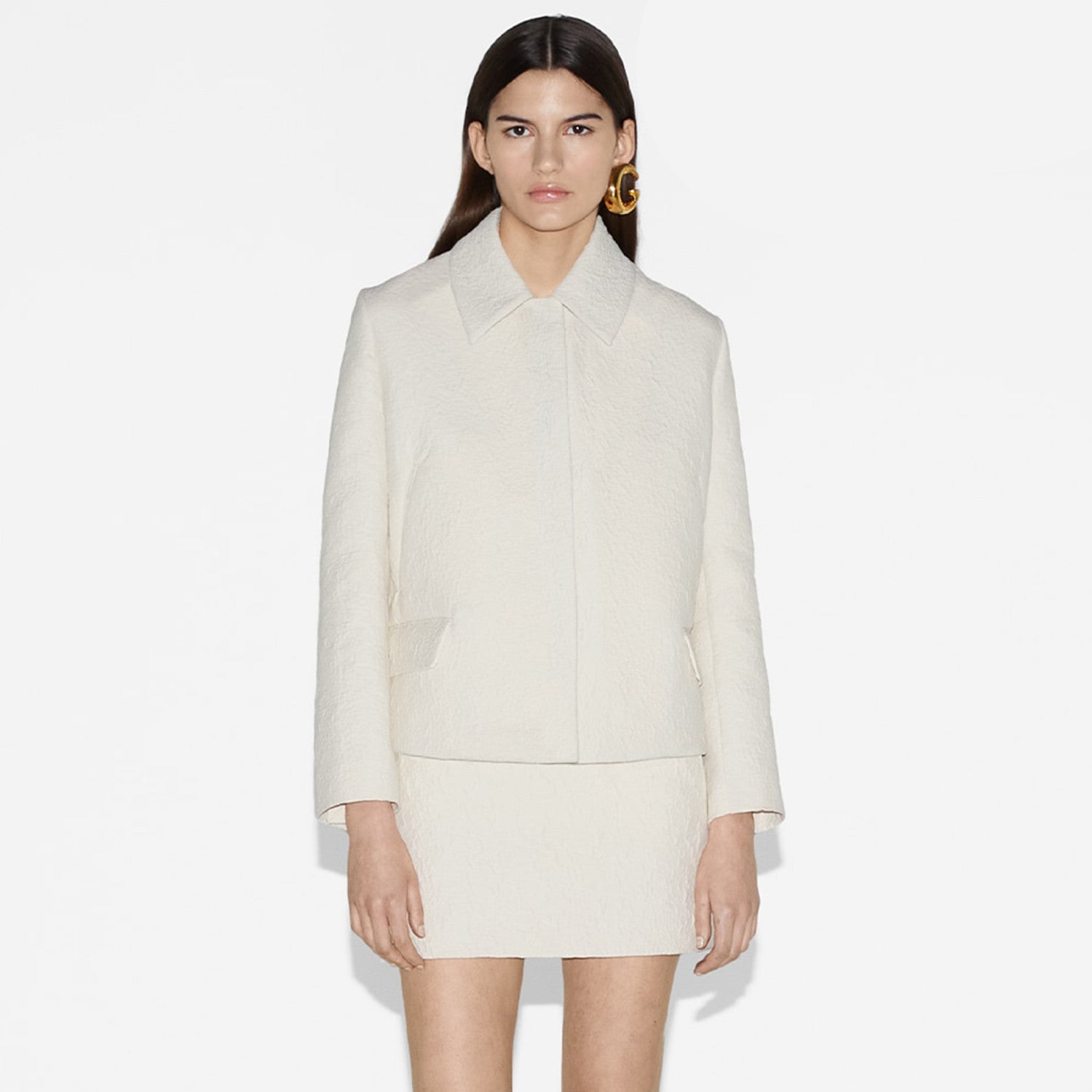 Women's Spring And Autumn Textured Cotton Ivory Lapel Blazer Mini Half Skirt Set Fashion Temperament Single Breasted Jacket Ngvp #9137