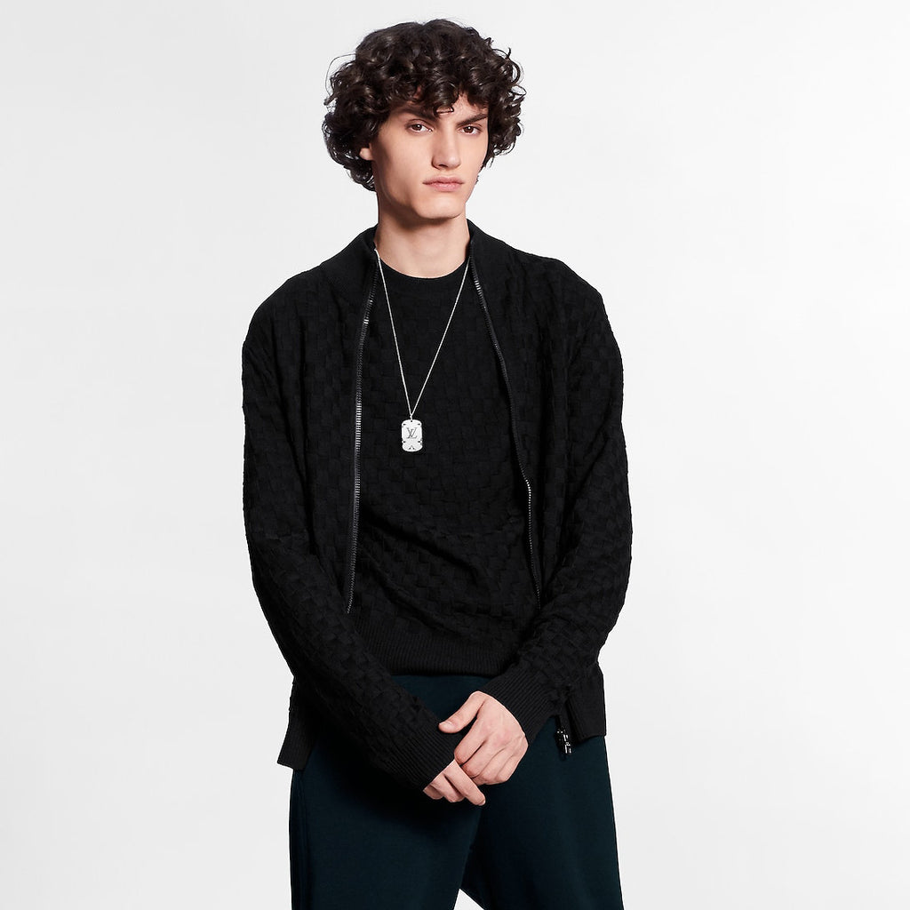 Men's Autumn And Winter Solid Color DAMIER Plaid Knit Zipper Standing Collar Wool Cardigan Long Sleeve Jacket Ngvp #9382