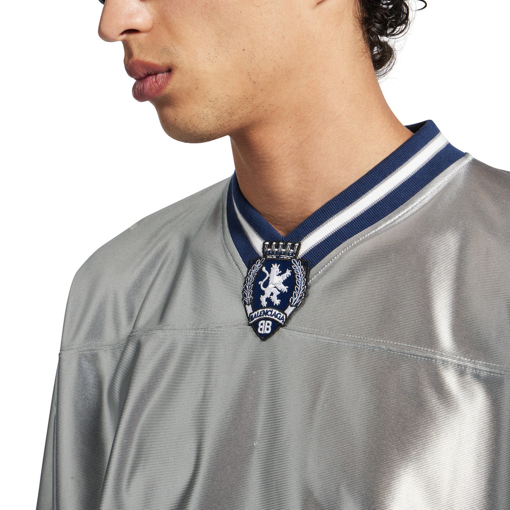 26 Spring 3B FOOTBALL Oversized V-Neck T-Shirt Silver and Bright Blue Fashionable High-Street Trend T-Shirt #82348A