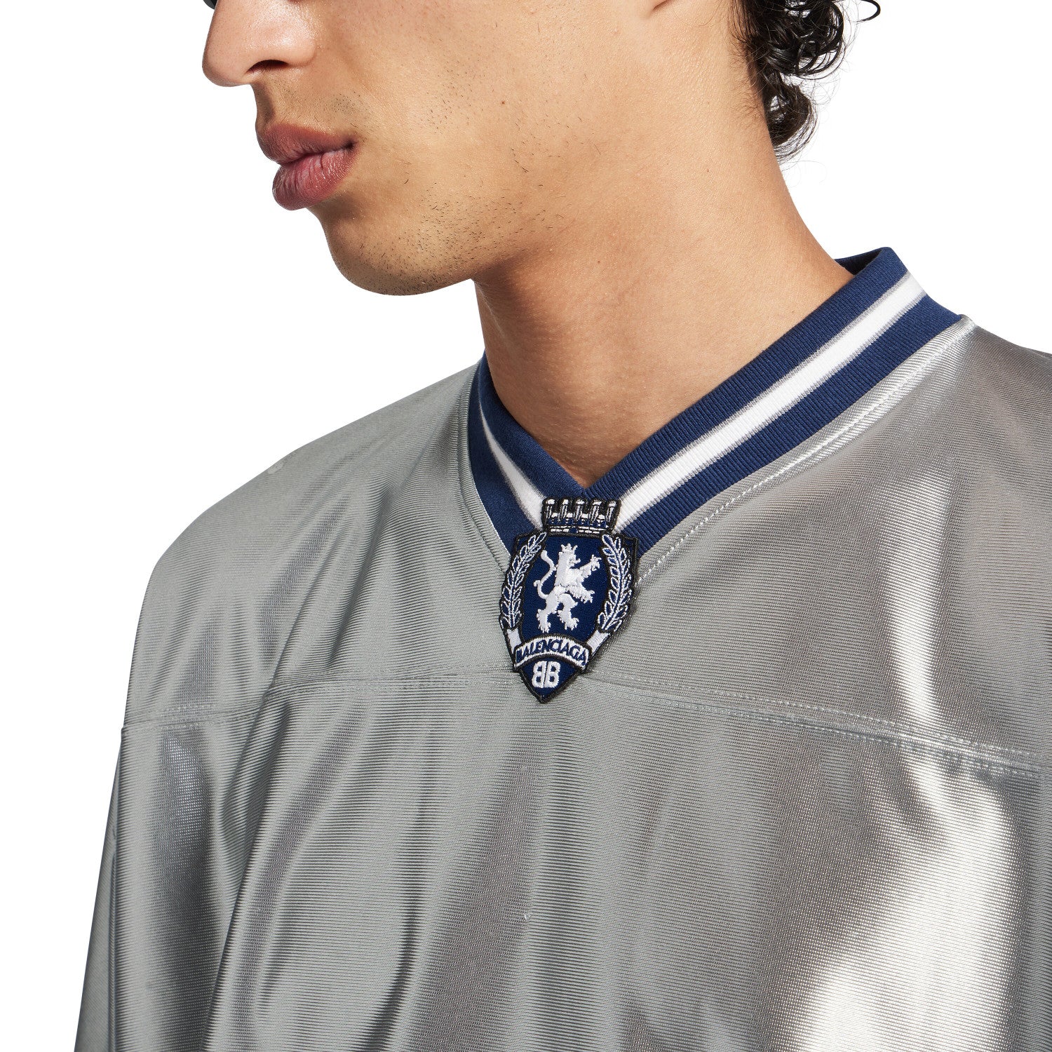 26 Spring 3B FOOTBALL Oversized V-Neck T-Shirt Silver and Bright Blue Fashionable High-Street Trend T-Shirt #82348A