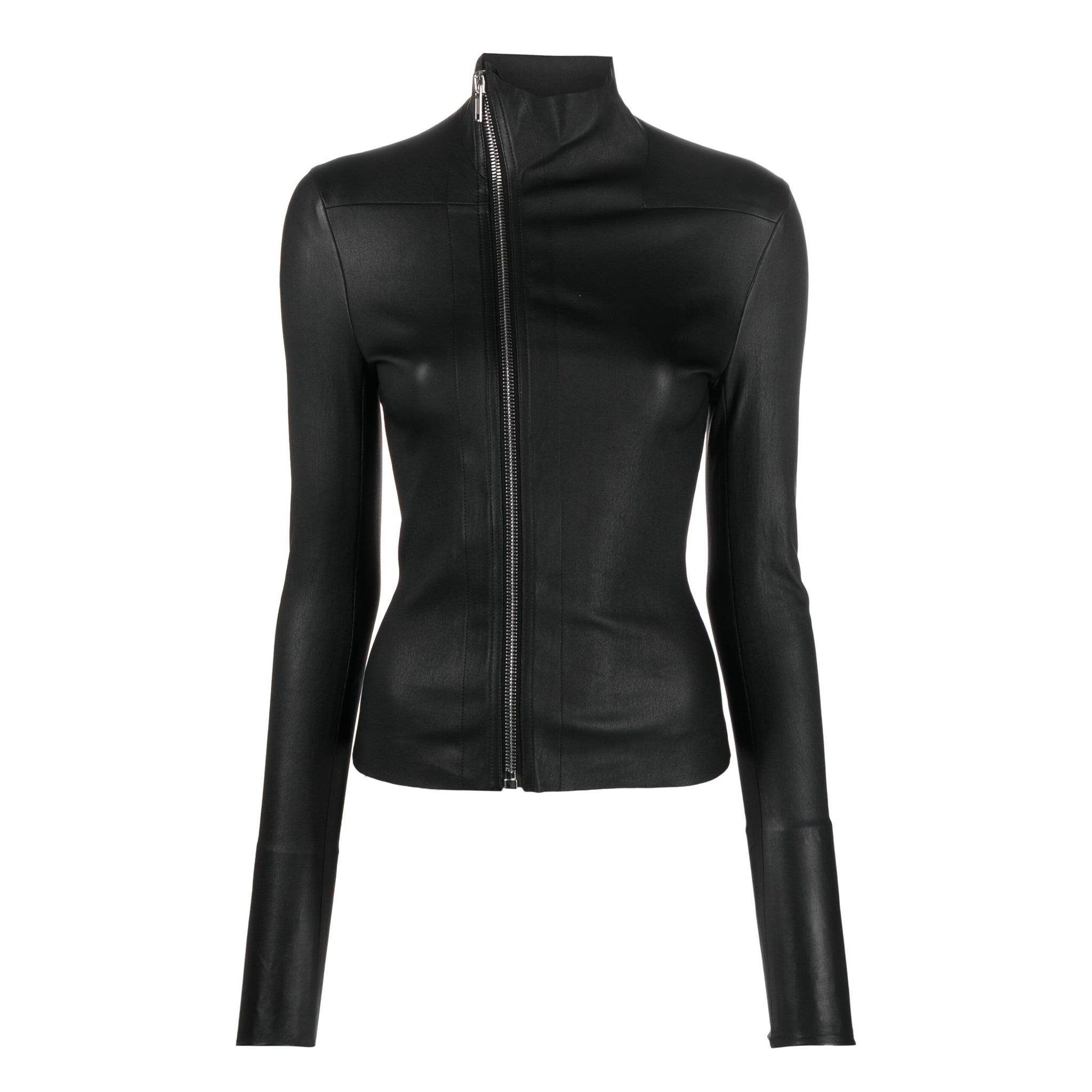 Women's Spring And Autumn Solid Color Lambskin Asymmetric Zipper Slim Long Sleeve Leather Jacket Ngvp #9176