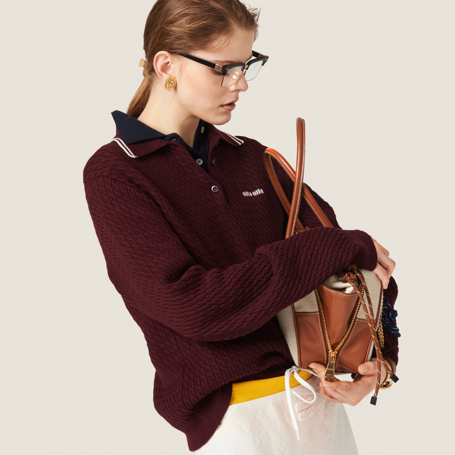 Women's Spring & Autumn Striped Trim Logo Long Sleeve Knit Polo Shirt Knit Shirt #72993