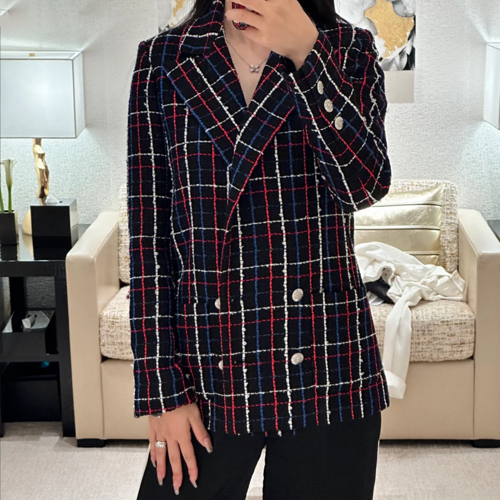 Women's Spring And Autumn Plaid Cotton Tweed Lapel Casual Fashion Long Sleeve Slim Tweed Jacket Ngvp #9127