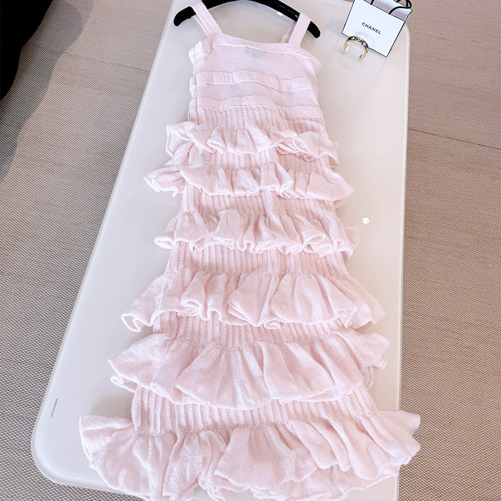 25K Solid Color Pleated Knitted Design Suspender Long Dress Mohair And Silk Light Pink #332234