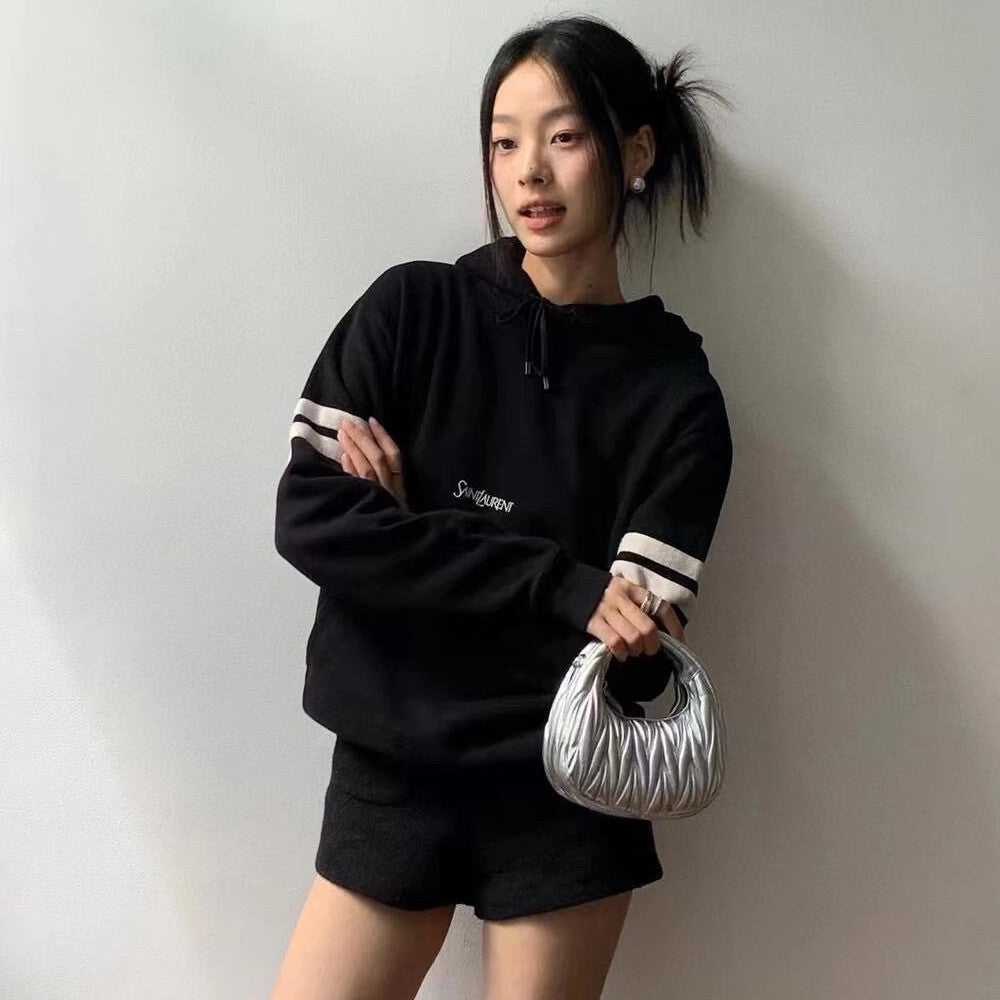 Women's Spring and Autumn Black Striped Hooded Drawstring Long Sleeve Sweatshirt Pullover #72943