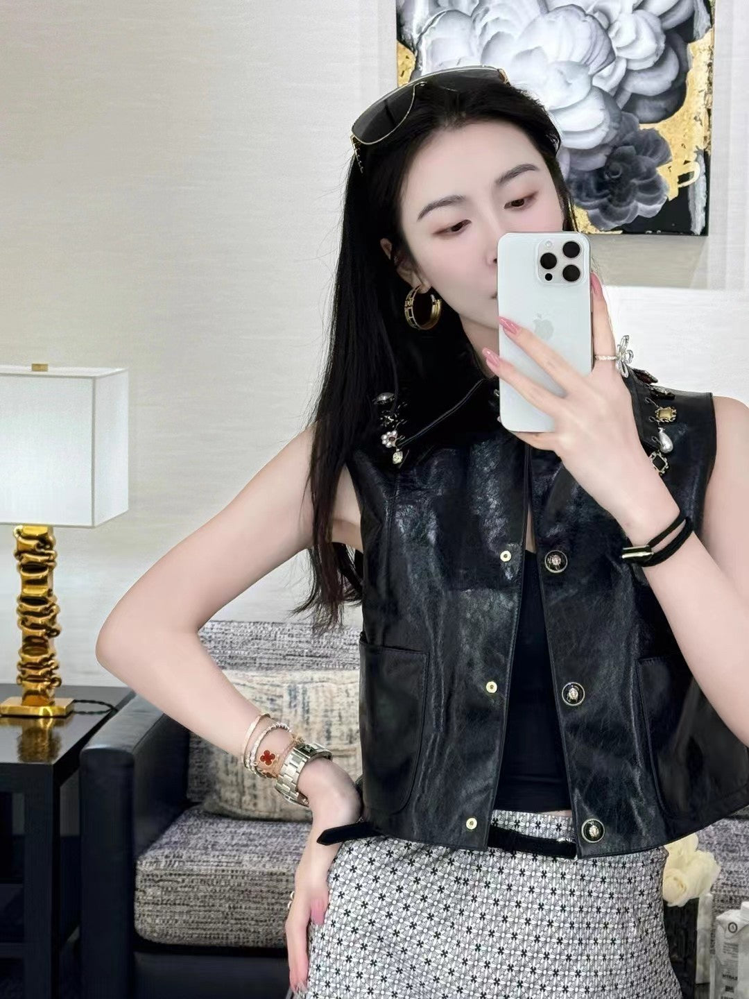 Women's Spring And Autumn Fashion Lapel Multi-Pocket Leather Sleeveless Vest Jacket #71743