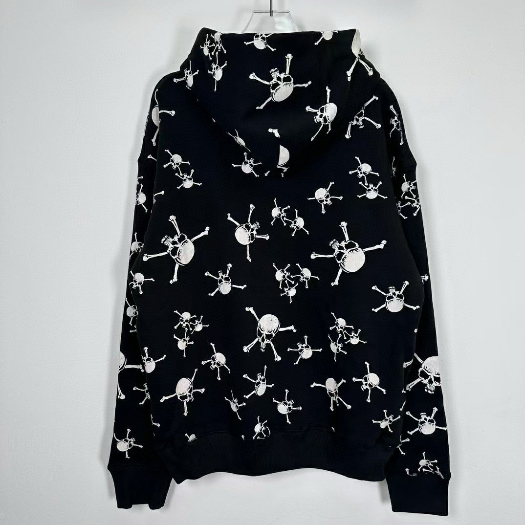 Men's Spring And Autumn Skull Print Long Sleeve Black Cotton Hooded Sweatshirt Ngvp #7944