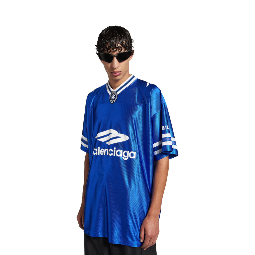 26 Spring 3B FOOTBALL Oversized V-Neck T-Shirt Silver and Bright Blue Fashionable High-Street Trend T-Shirt #82348A