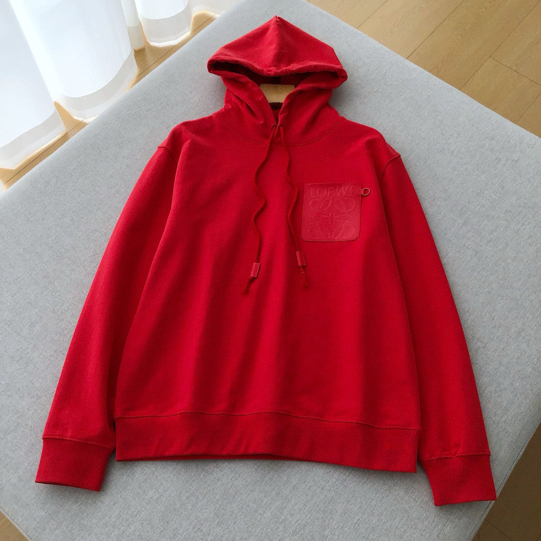 Men's Spring and Fall Red Logo Leather Label Drawstring Hooded Sweatshirt Pullover #98218