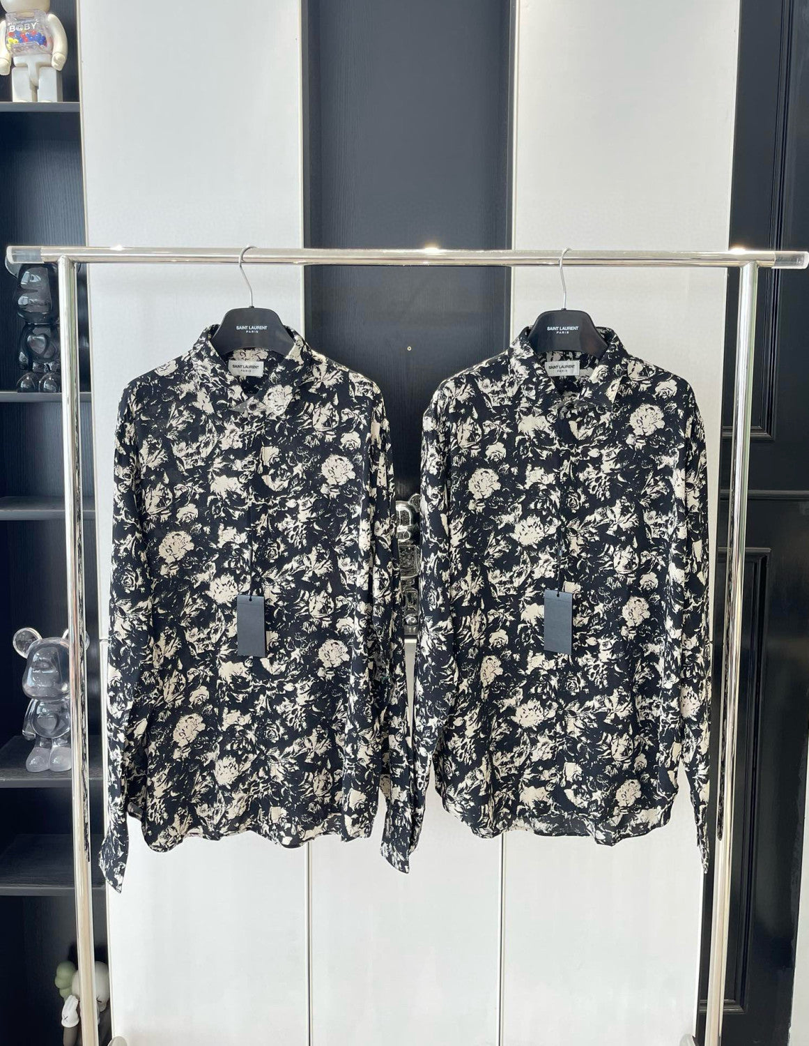 Men's Spring And Fall French Rose Print Single-Breasted Lapel Loose Casual Long-Sleeved Silk Shirt Ngvp #7986