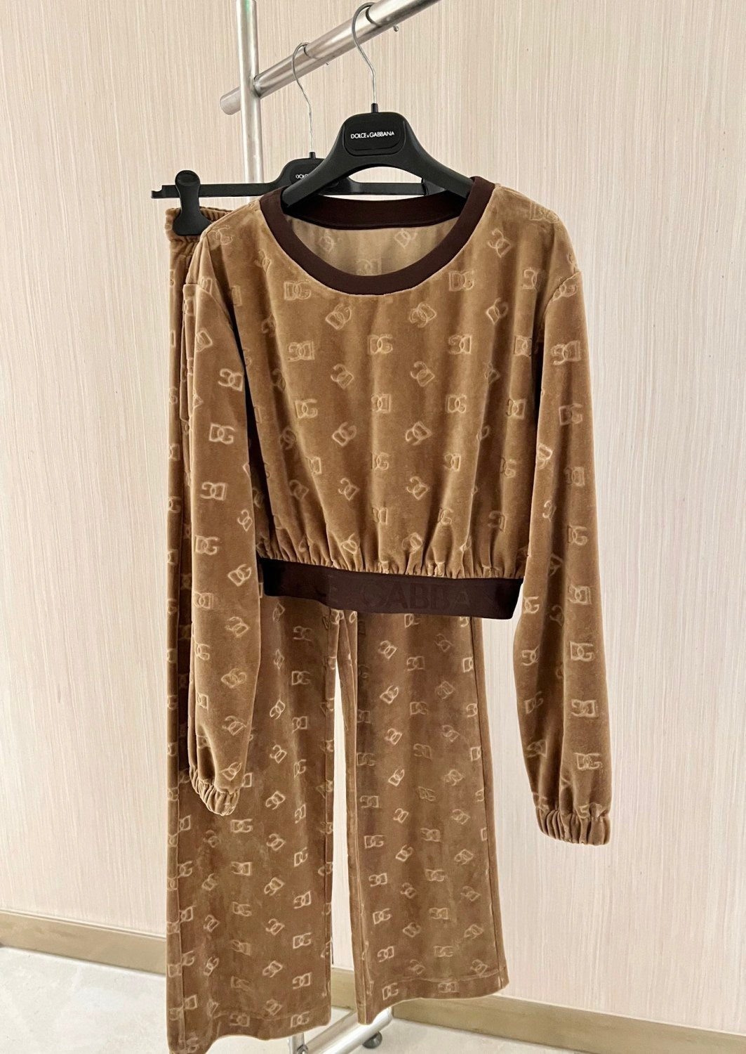 Women's Spring and Autumn Brown Letter Printed Velvet Fabric Knitted Sweater Lace-Up Leisure Pants Set Suit #72662