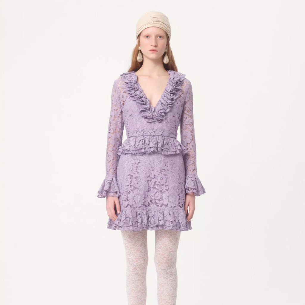 Women's Spring And Autumn Heavy Lace V-Neck Solid Color Fit Short Long Sleeve Dresses Ngvp #9732