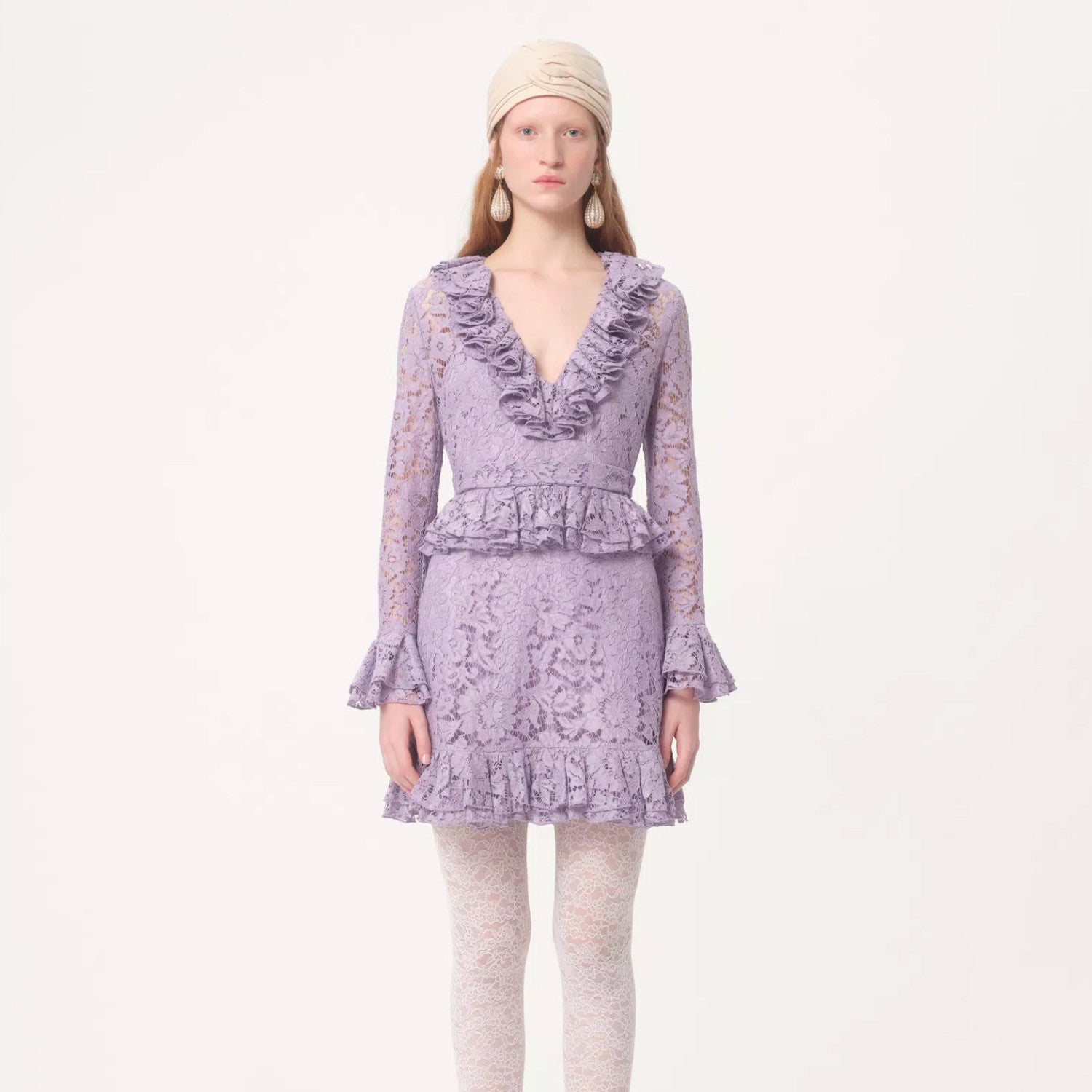 Women's Spring And Autumn Heavy Lace V-Neck Solid Color Fit Short Long Sleeve Dresses Ngvp #9732