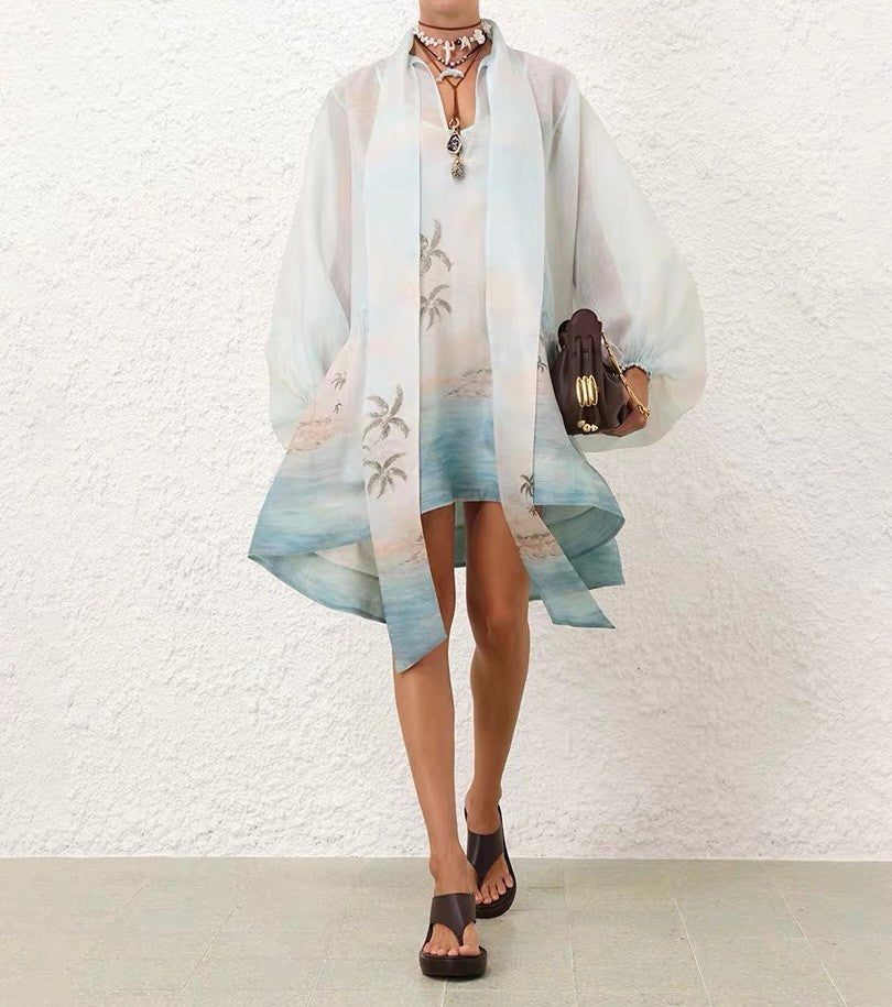 Women's Summer Blue Beach Pattern Printed Flutter Design Long Sleeve Dress #75612