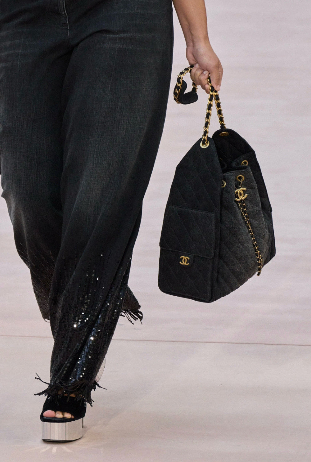 Women's Spring/summer Sequined Fringe Straight-leg Pants Black And White Denim Loose-fit Wide-leg  Long Pants Trousers Ngvp #2169