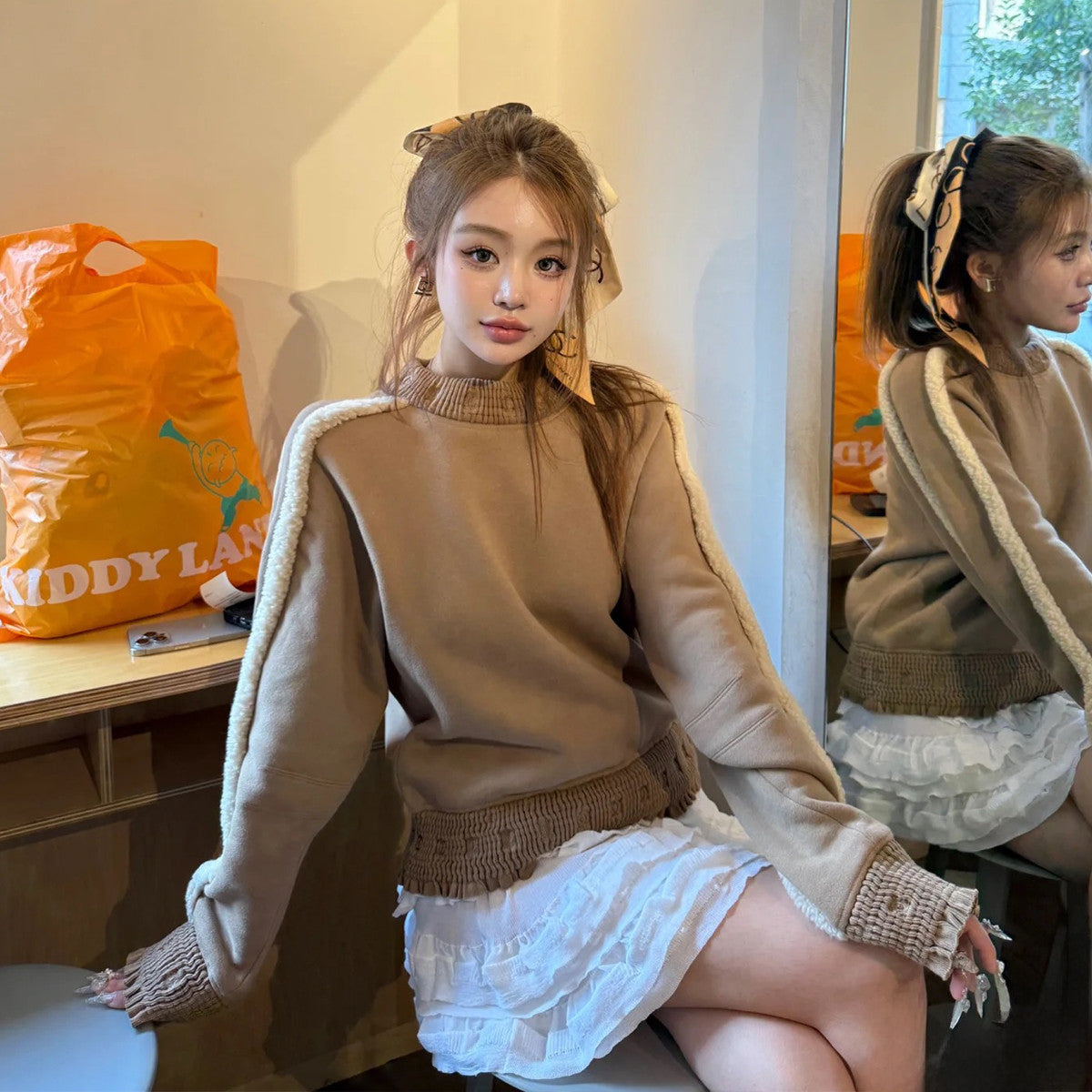 Women's Autumn And Winter Letters Double C Logo Brown Teddy Bear Sweatshirt Fashion Trend Casual Colour Blocking Round Neck Tops #71684