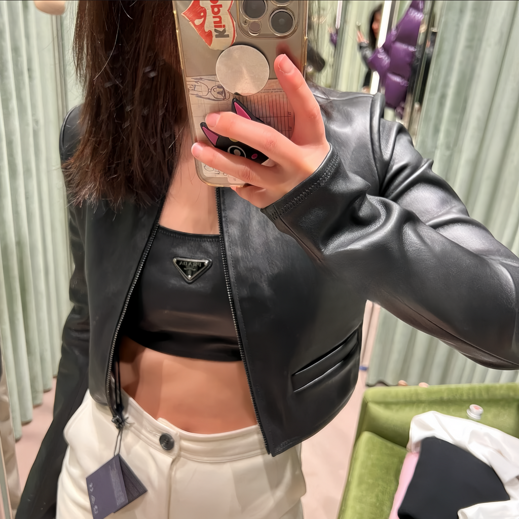 Women's Spring and Summer Black Triangle Label Logo Zipper Leather Jacket Vest Half-body Skirt Three Piece Set Suit #98553