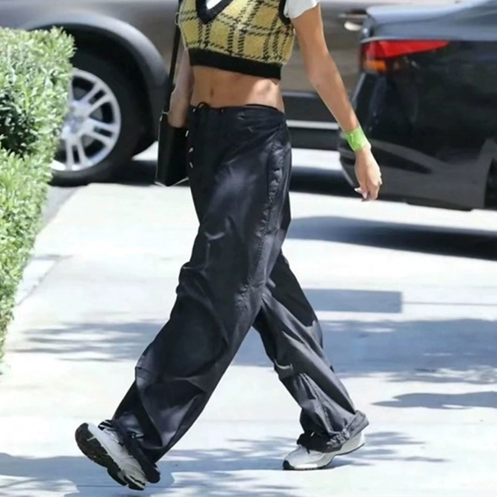 Men's Women's Spring And Summer Solid Color Wide Leg Loose Pants Drawstring Metal Button Retro High Street Casual Pants Ngvp #8294