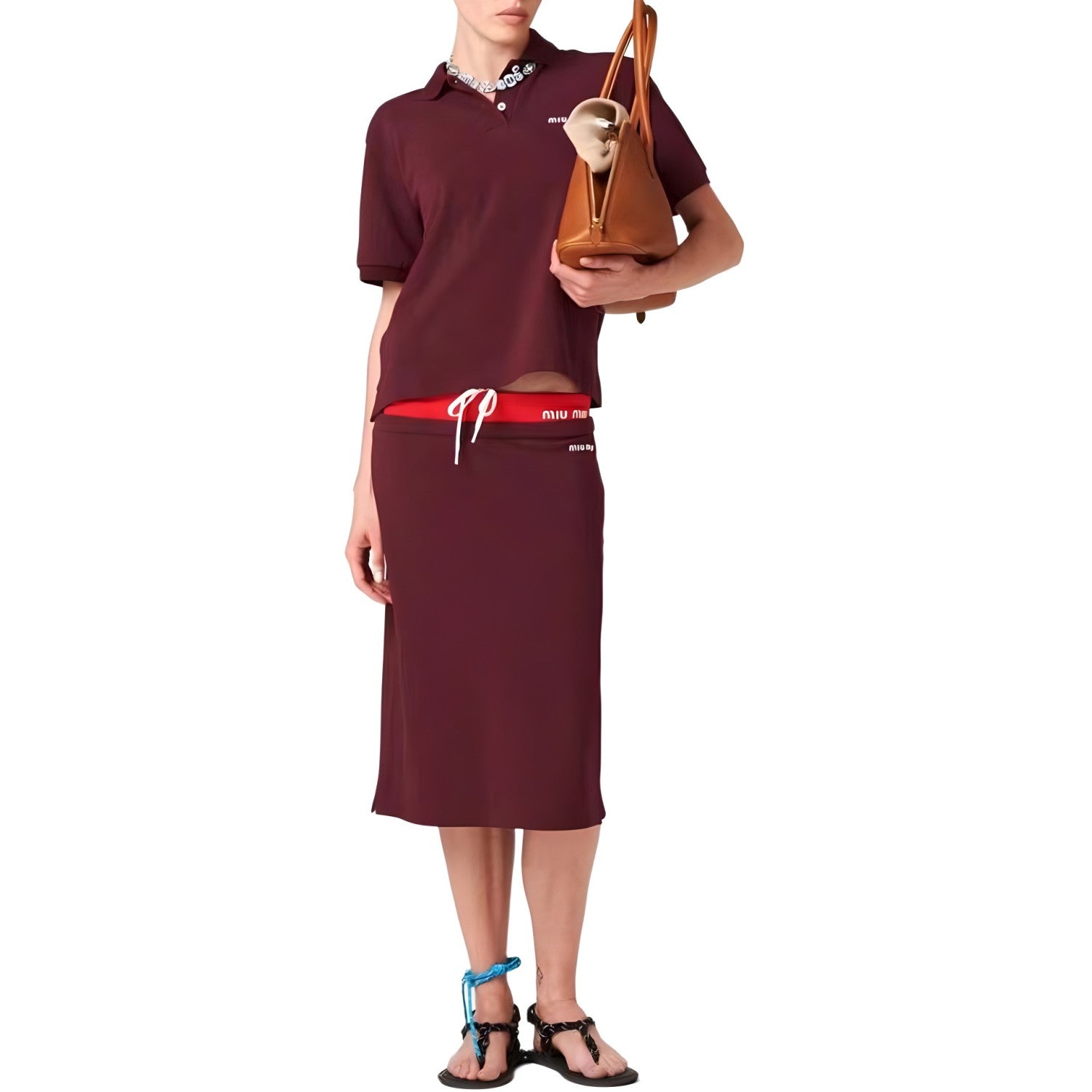 Women's Summer Red Logo Letter Embroidery Short Sleeve Polo Shirt T-Shirt Tie Short Skirt Set Suit #72866